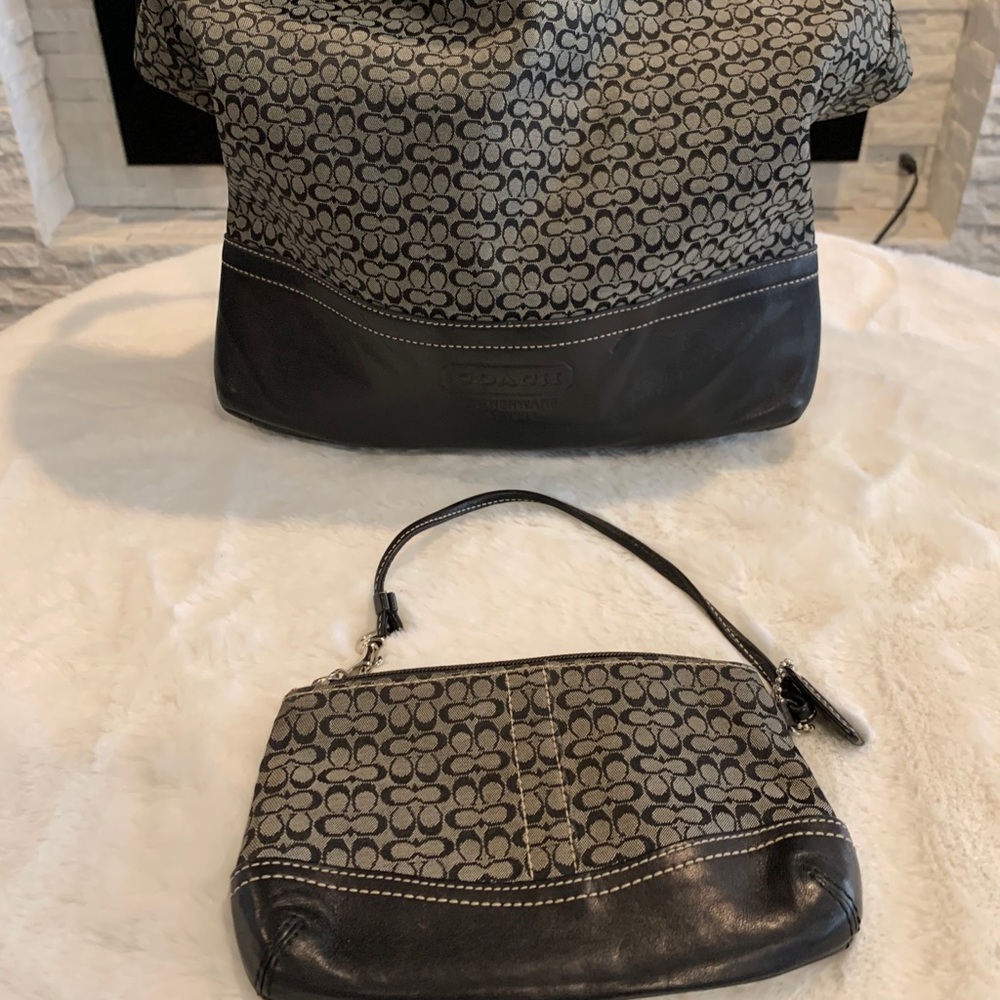 Authentic Coach bucket bag and matching wristlet.